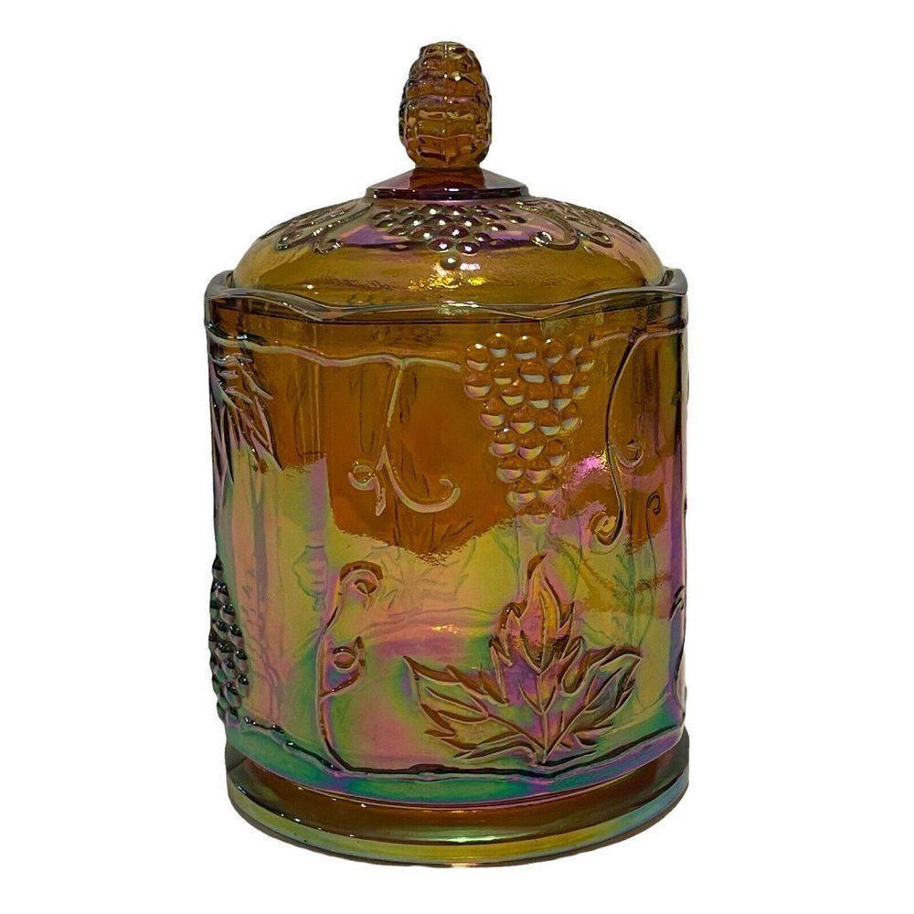 INDIANA HARVEST GRAPE Carnival Glass Apothecary Lidded Jar Marigold Rainbow